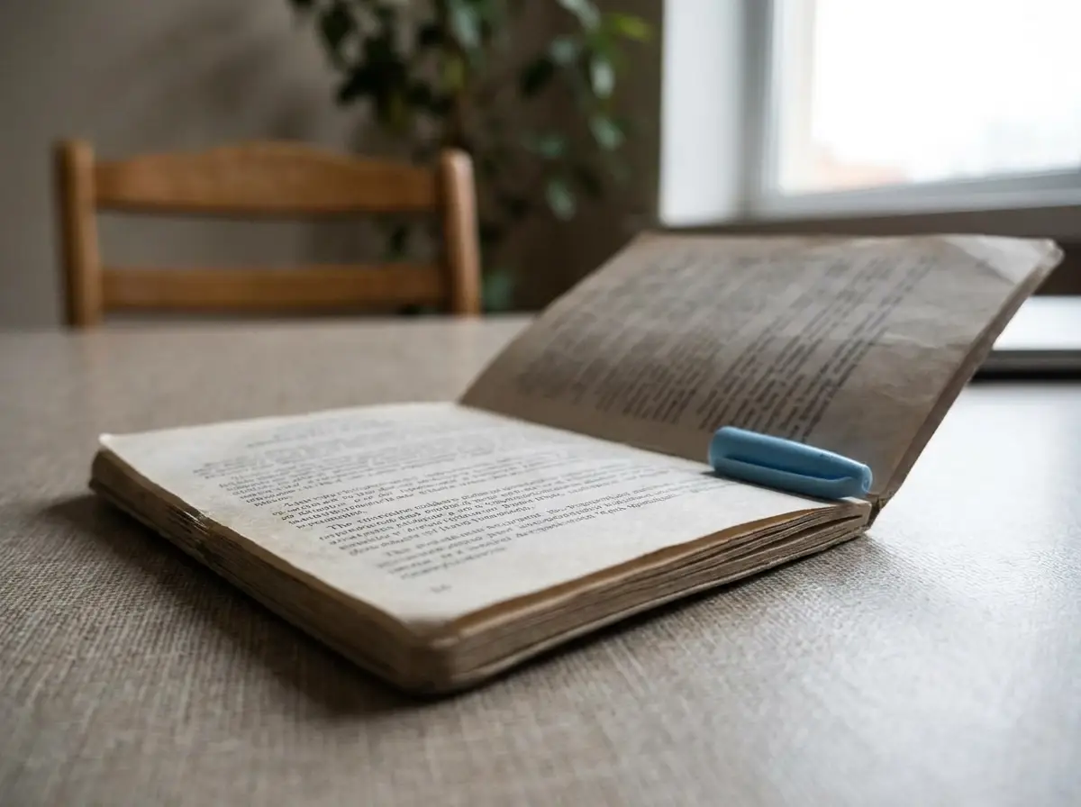 Open book on a wooden table with a blue pen cap between the pages